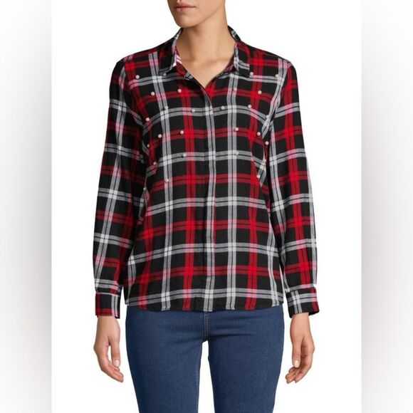 JAK&RAE Larue Faux Pearl-Embellished Cotton Button-Down Shirt Red Size Medium - Picture 1 of 8